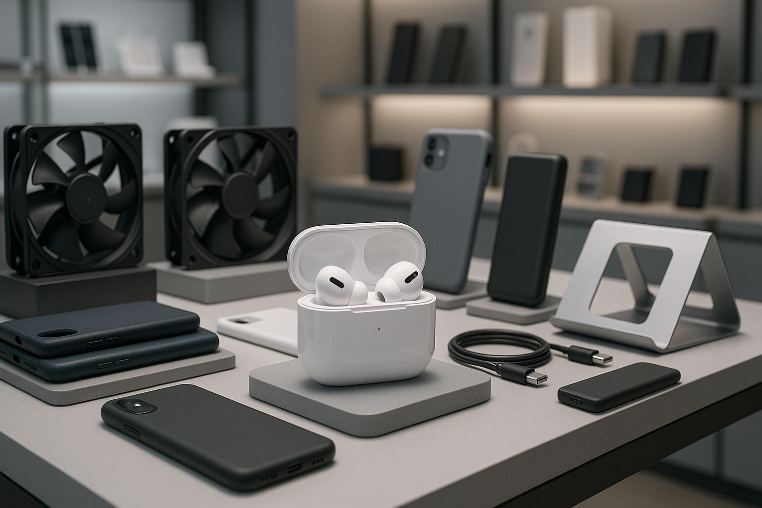 generate a pic for my tech store make sure theme have buds and other tech accessioray like cooling fan